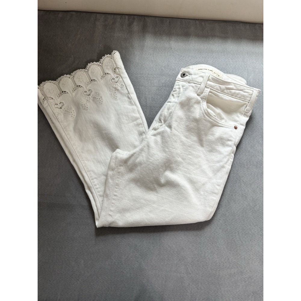Anthropologie Pilcro Eyelet Lace Embroidered Hem High Rise Crop Flare Jeans Sz31 - Picture 4 of 11